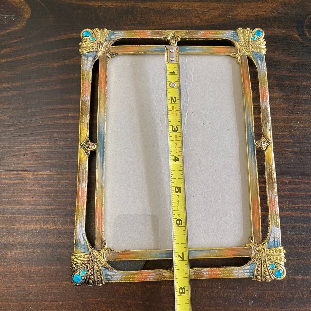 Vintage Art Nouveau Style Enameled Metal Photo Frame Gold Blue Rhinestone 5x7 - Picture 8 of 8